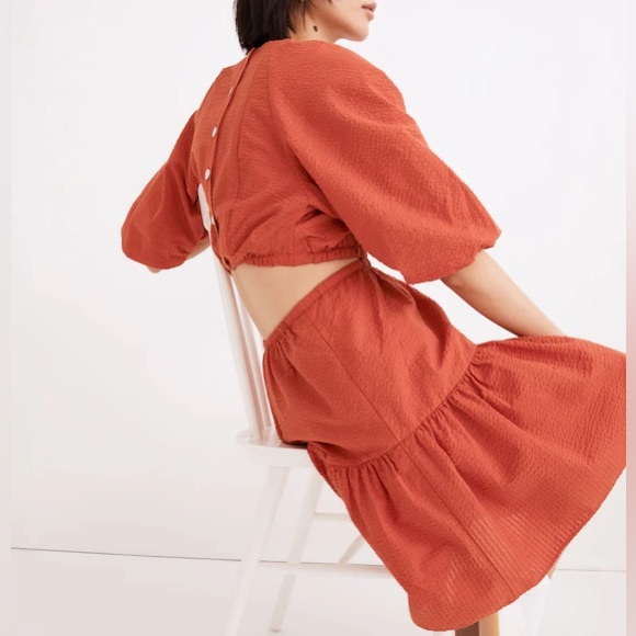 Madewell Seersucker Puff-Sleeve Cutout Mini Dress Size XXL - Picture 3 of 6